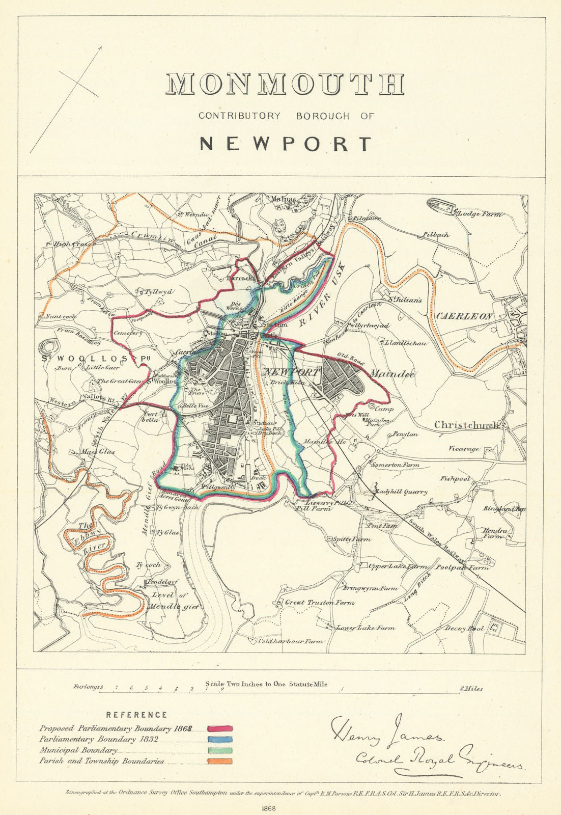 Monmouth Contributory Borough of Newport. JAMES. Boundary Commission 1868 map